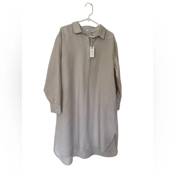 Mersea Essential Collar Popover Shirt Dress Beige White Stripes Size L/XL